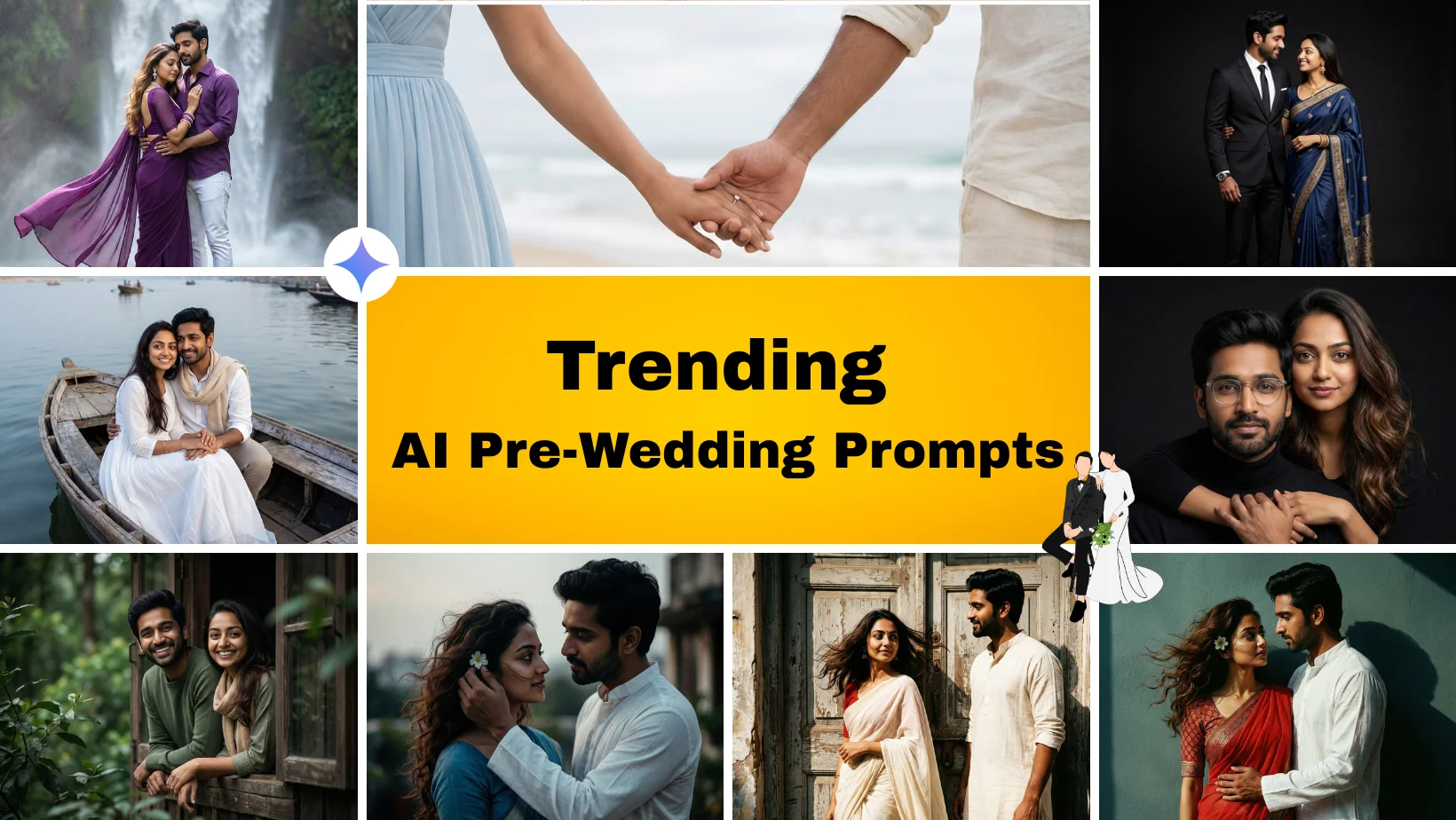 Collage banner showing “Trending AI Pre-Wedding Prompts” with multiple cinematic couple portraits: waterfall purple saree, beach hand-hold, luxury studio suit & saree, boat romance, retro windy saree scenes, and moody window portraits.