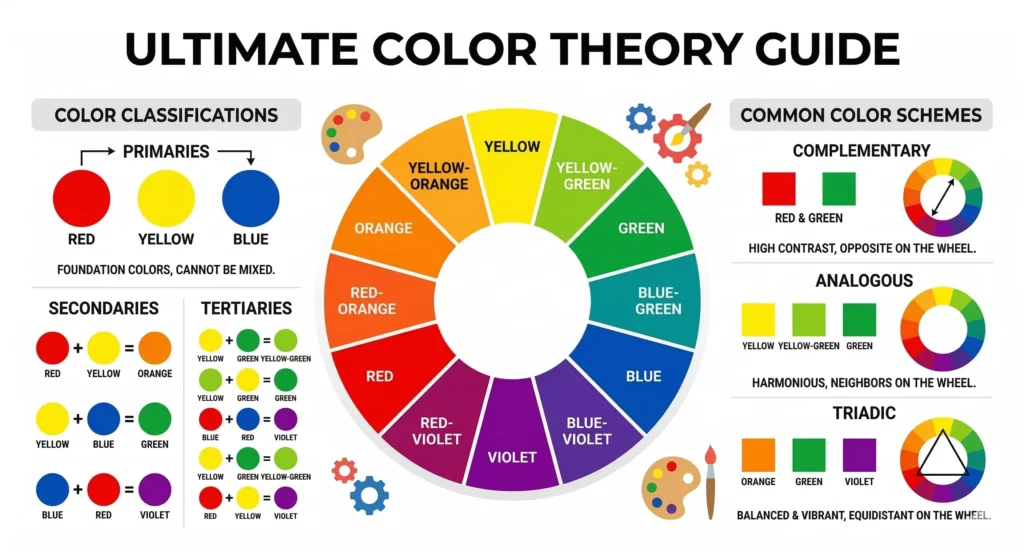 Color theory wheel showing primary secondary tertiary complementary and analogous colors