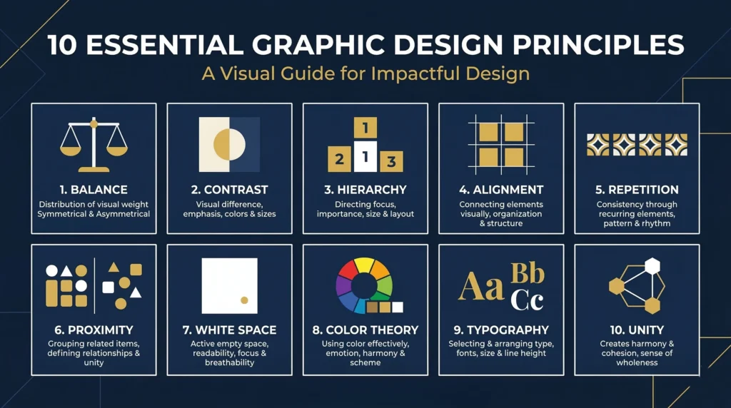 Infographic showing 10 core graphic design principles in a flat design grid layout