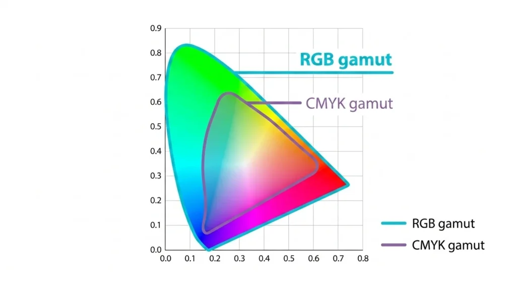 RGB vs CMYK color gamut comparison diagram on CIE chromaticity chart