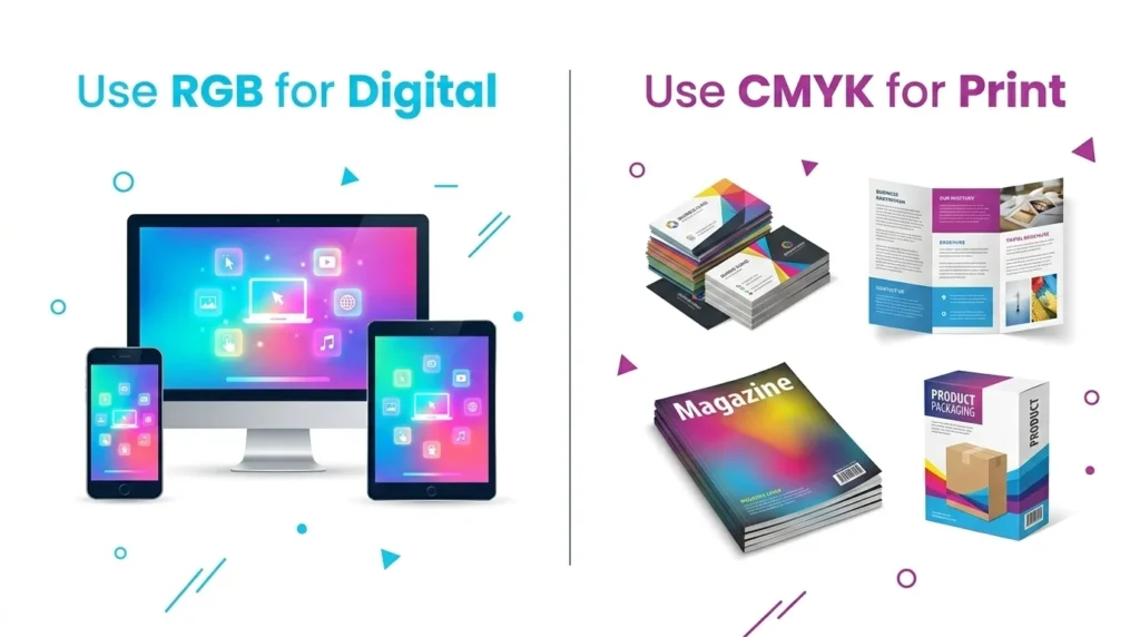 When to use RGB for digital screens and CMYK for print design infographic