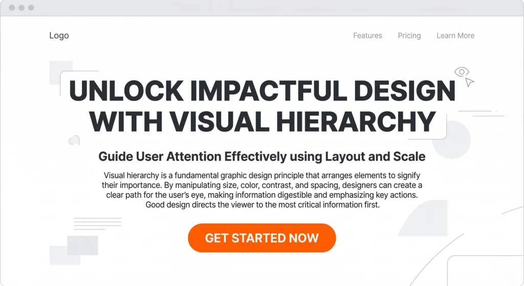 Visual hierarchy example in web design showing text size and color priority levels