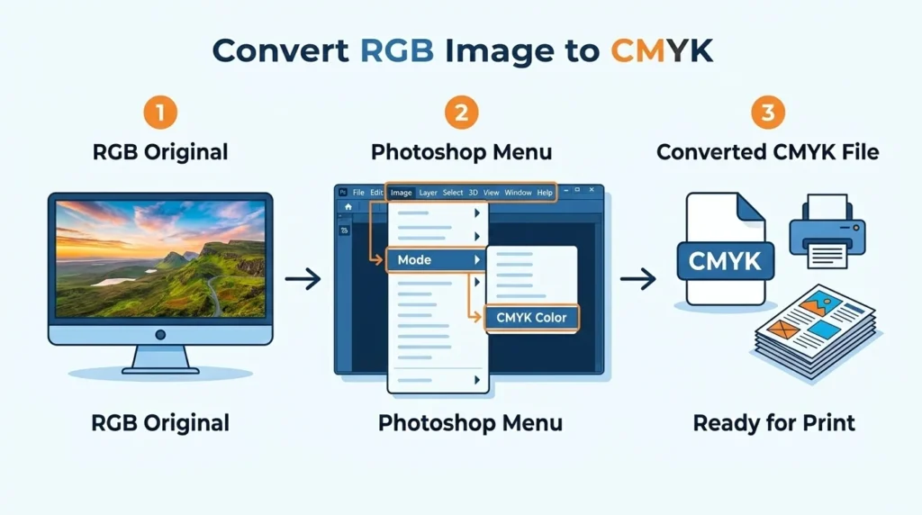 Step-by-step workflow showing how to convert RGB to CMYK in Adobe Photoshop