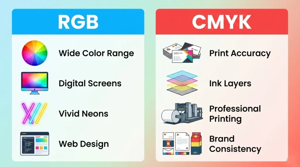 RGB and CMYK advantages and use cases comparison infographic for designers