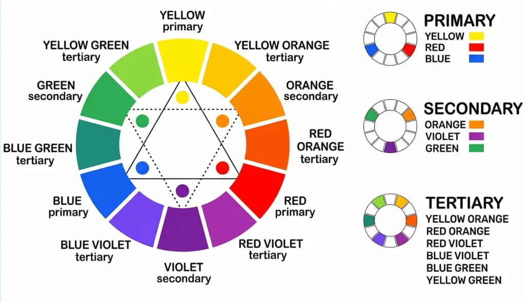 Color theory color wheel showing all 12 primary secondary and tertiary colors