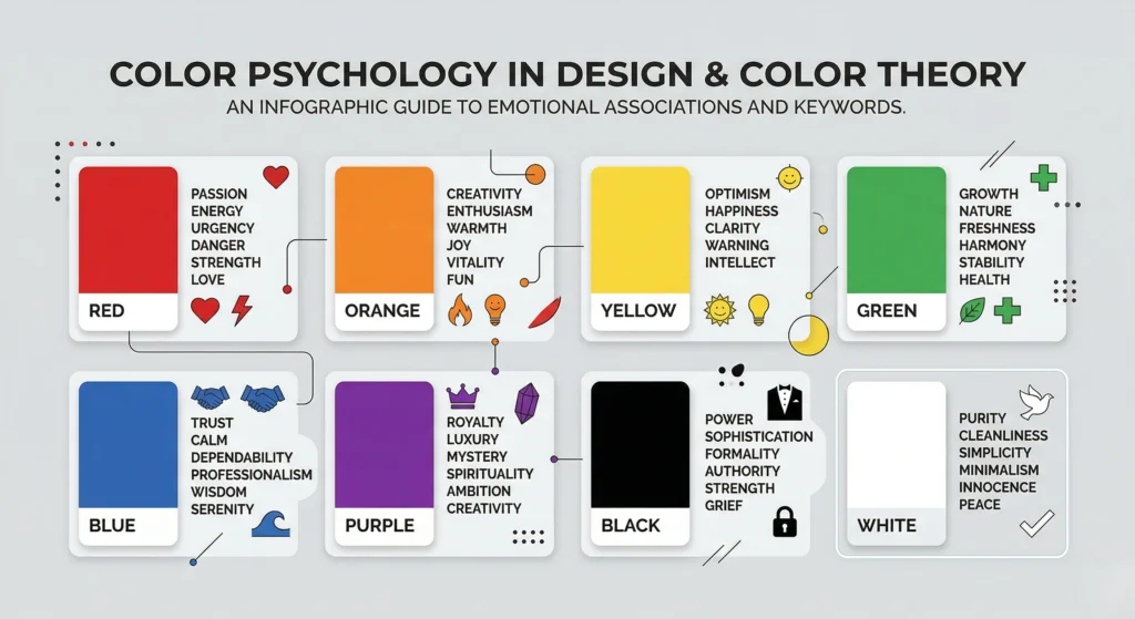 Color theory psychology chart showing emotions associated with red orange yellow green blue and purple