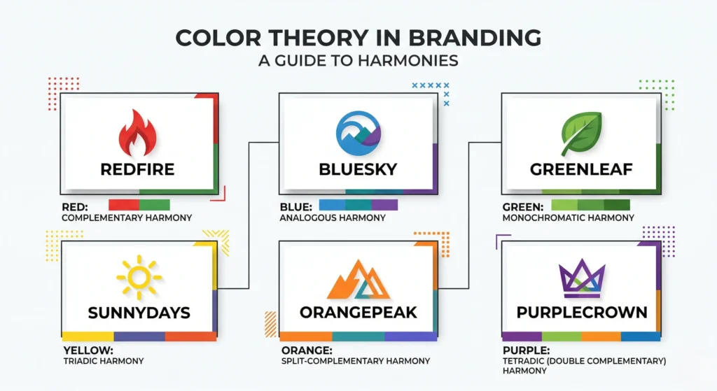 Color theory applied to brand identity design showing logo color palettes in multiple industries