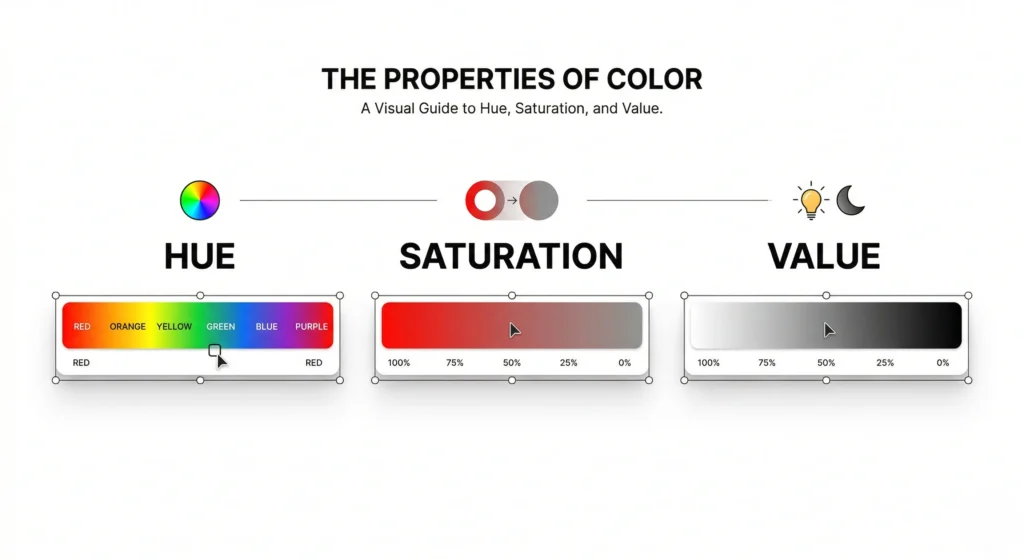 Color theory properties showing hue saturation and value color bars for designers