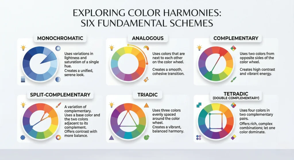 Color theory harmonies diagram showing complementary analogous triadic and monochromatic color schemes