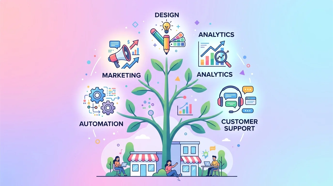 Benefits of AI Tools for Small Business shown as a growing tree of opportunities