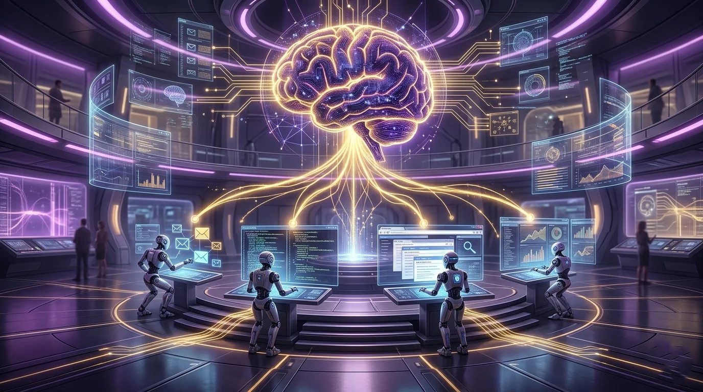 Futuristic agentic automation illustration showing AI agent orchestrating multiple AI automation systems