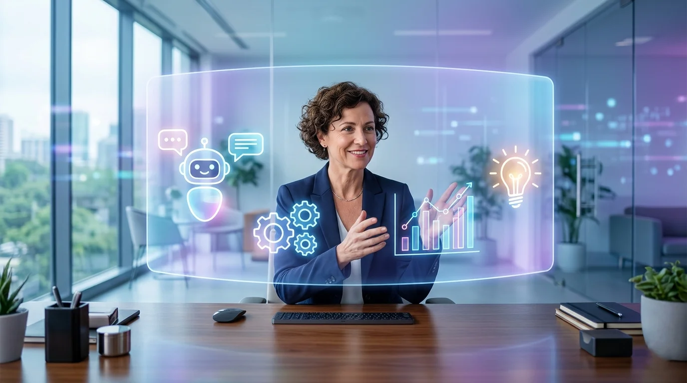 Small business owner using AI Tools for Small Business on a futuristic holographic dashboard