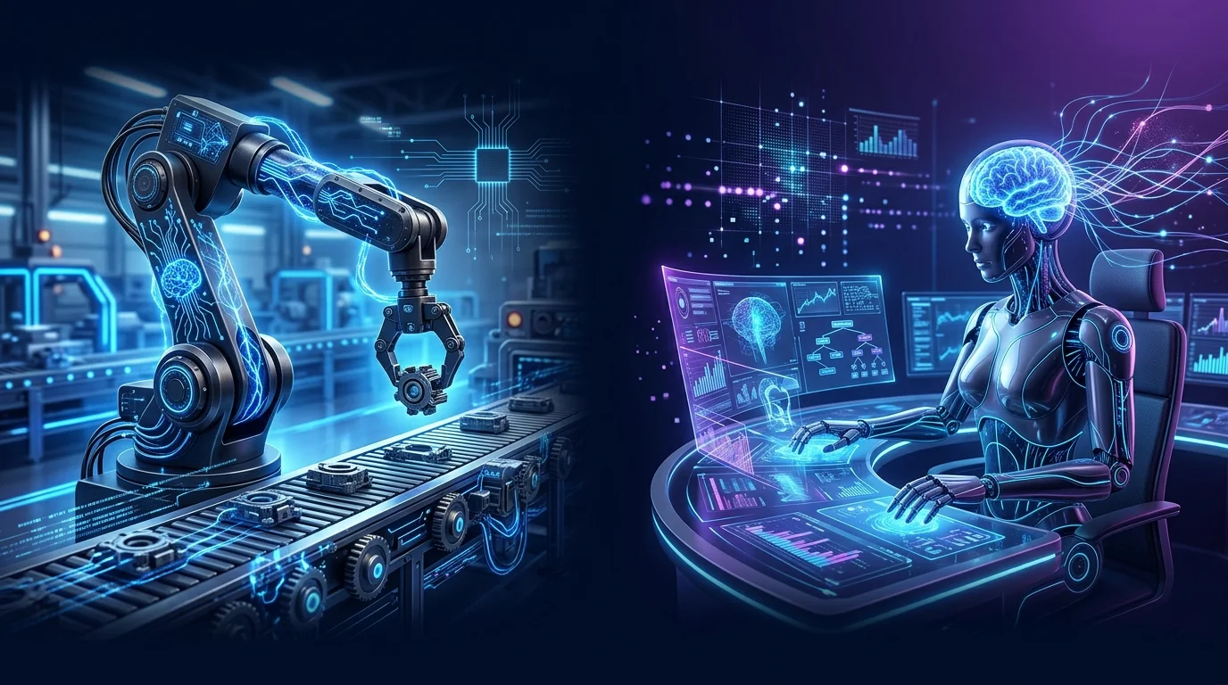 AI Agent vs AI Automation comparison hero banner showing two AI systems side by side