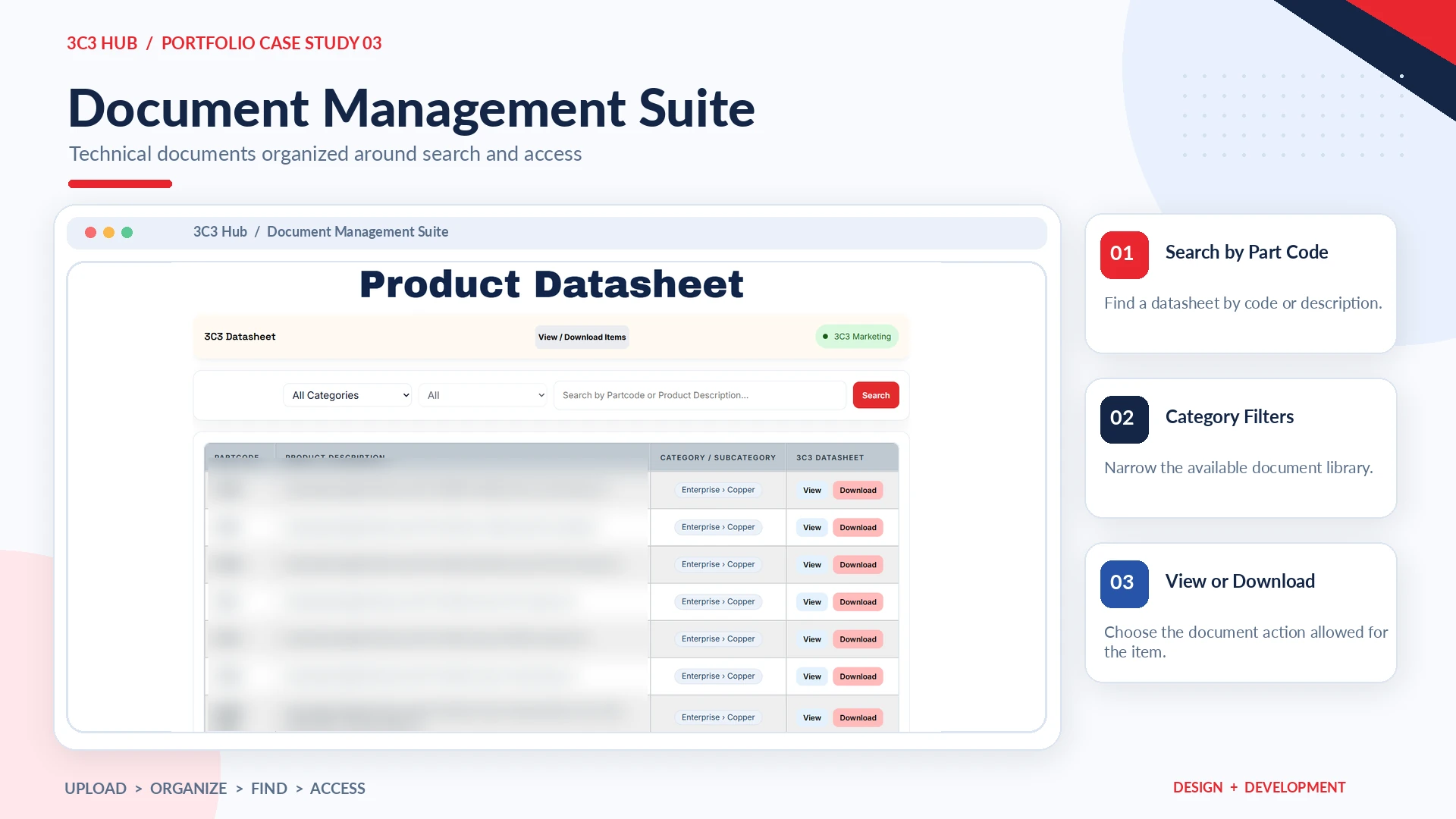Technical datasheet search, filters and document actions
