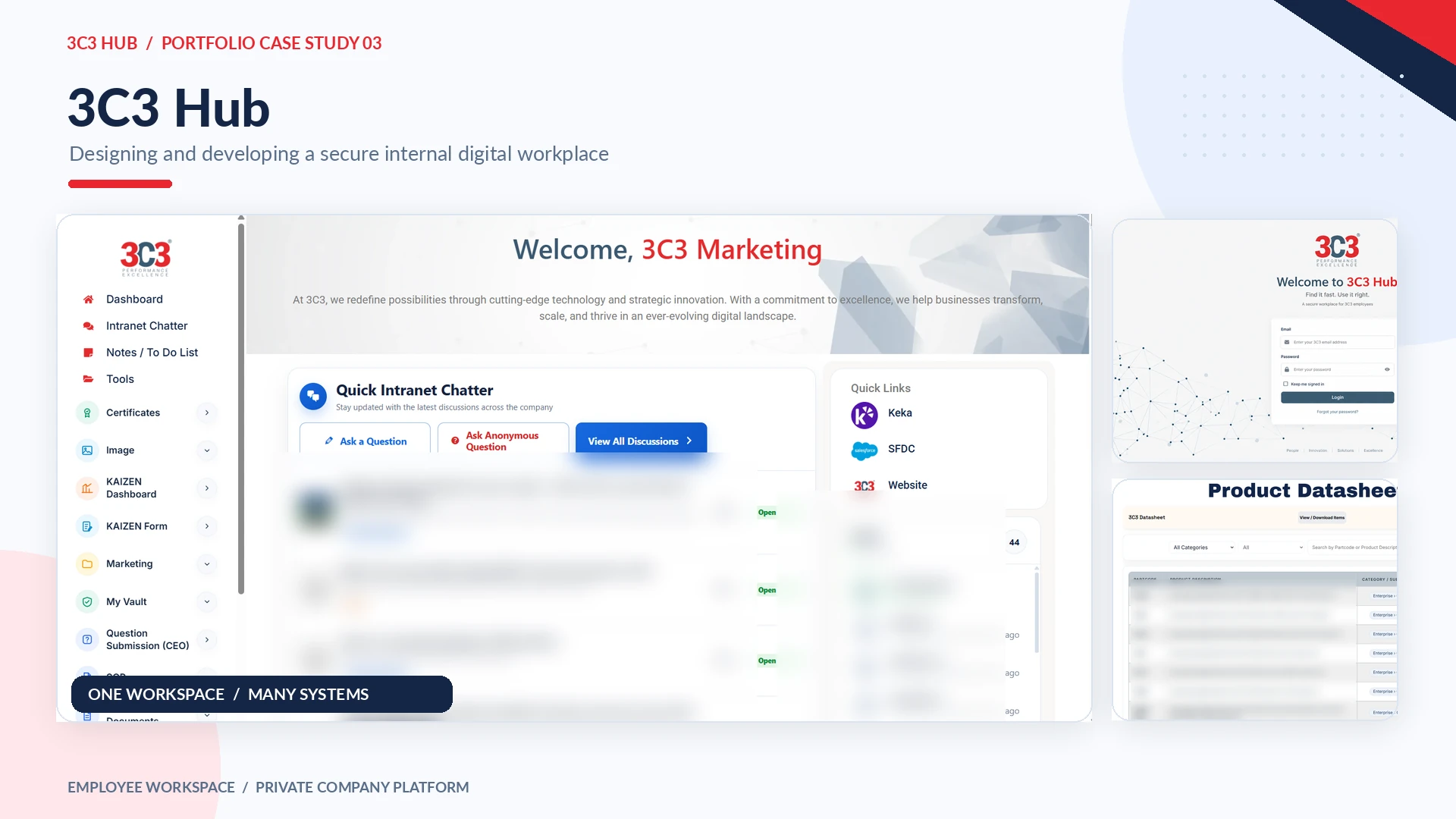 3C3 Hub employee workspace and supporting module previews