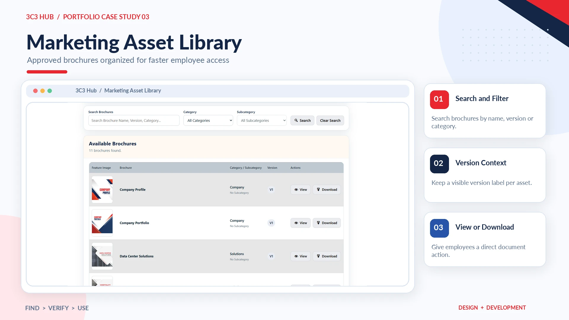 Employee brochure library with category filters and view actions